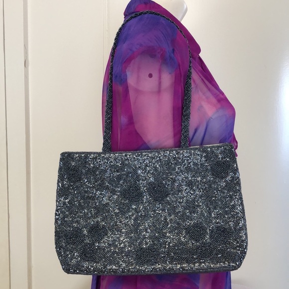 Silver Beaded Bag Braided Double Handle 3-D Floral Pattern Satin Lined 12”x8”x3” - Picture 3 of 17